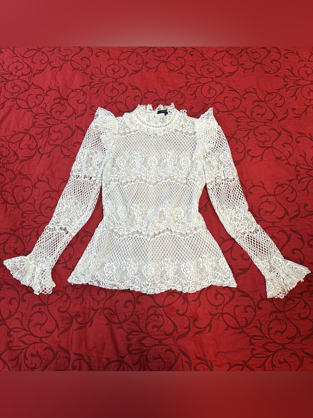 BCBGMaxAzria White Crochet Lace Long-Sleeve Peplum Blouse